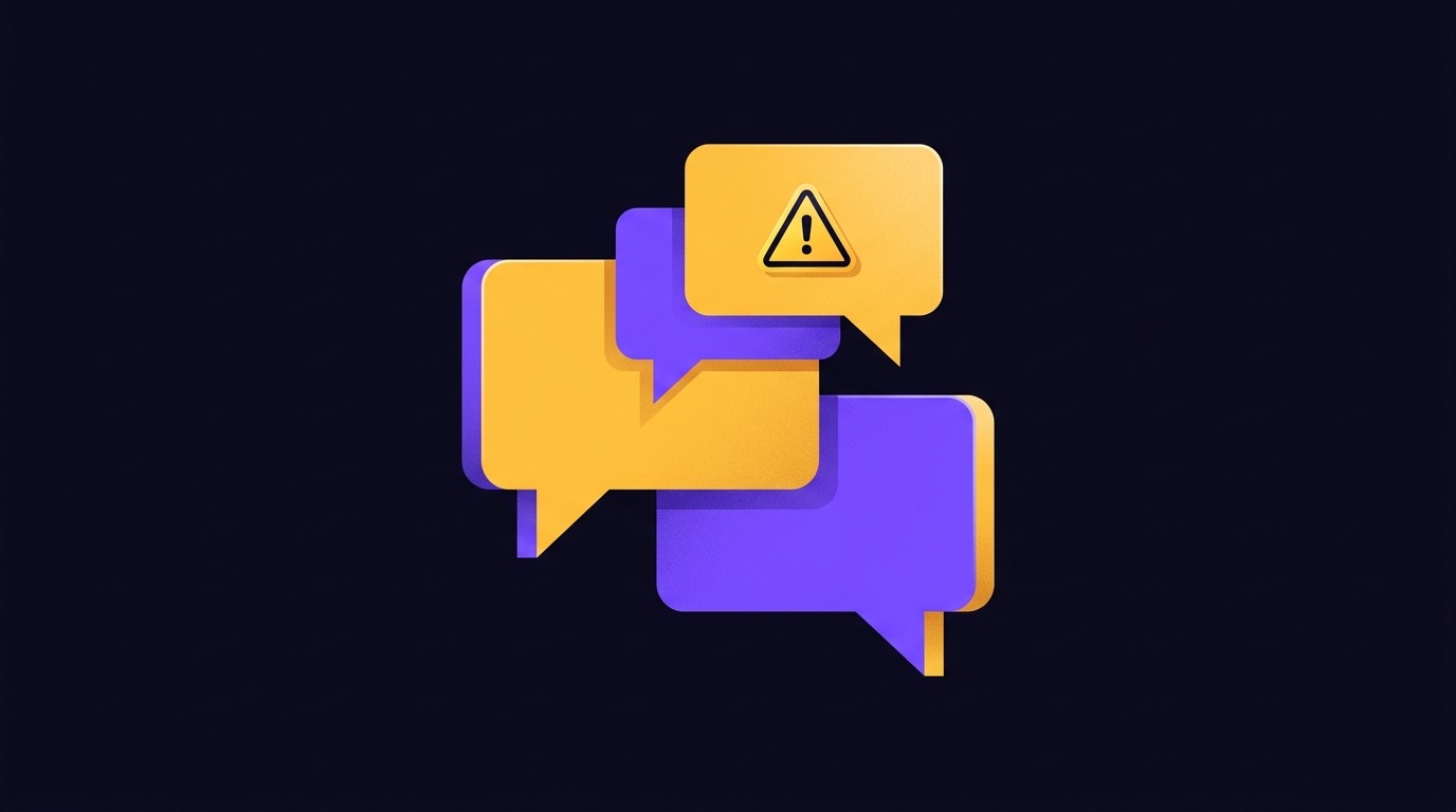 Illustration of speech bubbles with warning symbols over a support desk