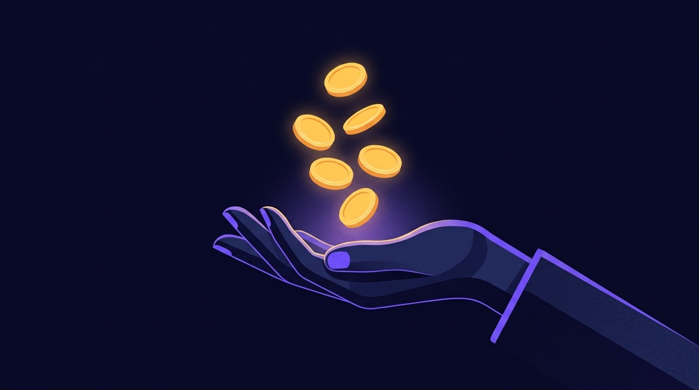 Illustration of an open hand offering free glowing casino coins