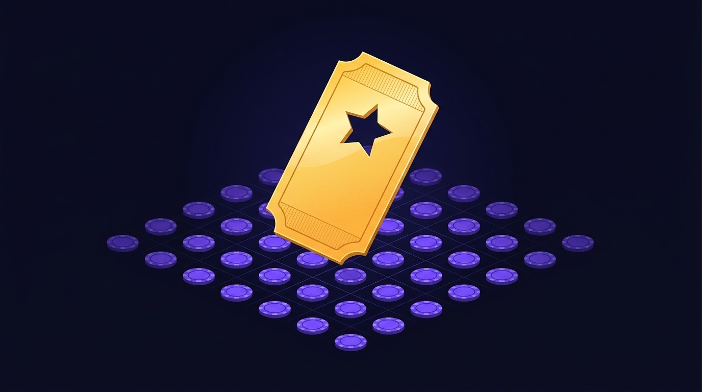 Illustration of a gold and purple sweepstakes coupon on a dark background