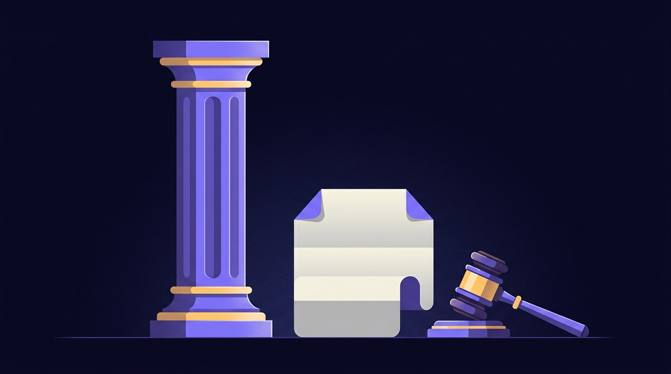 Illustration of a courthouse pillar beside a legal document and gavel