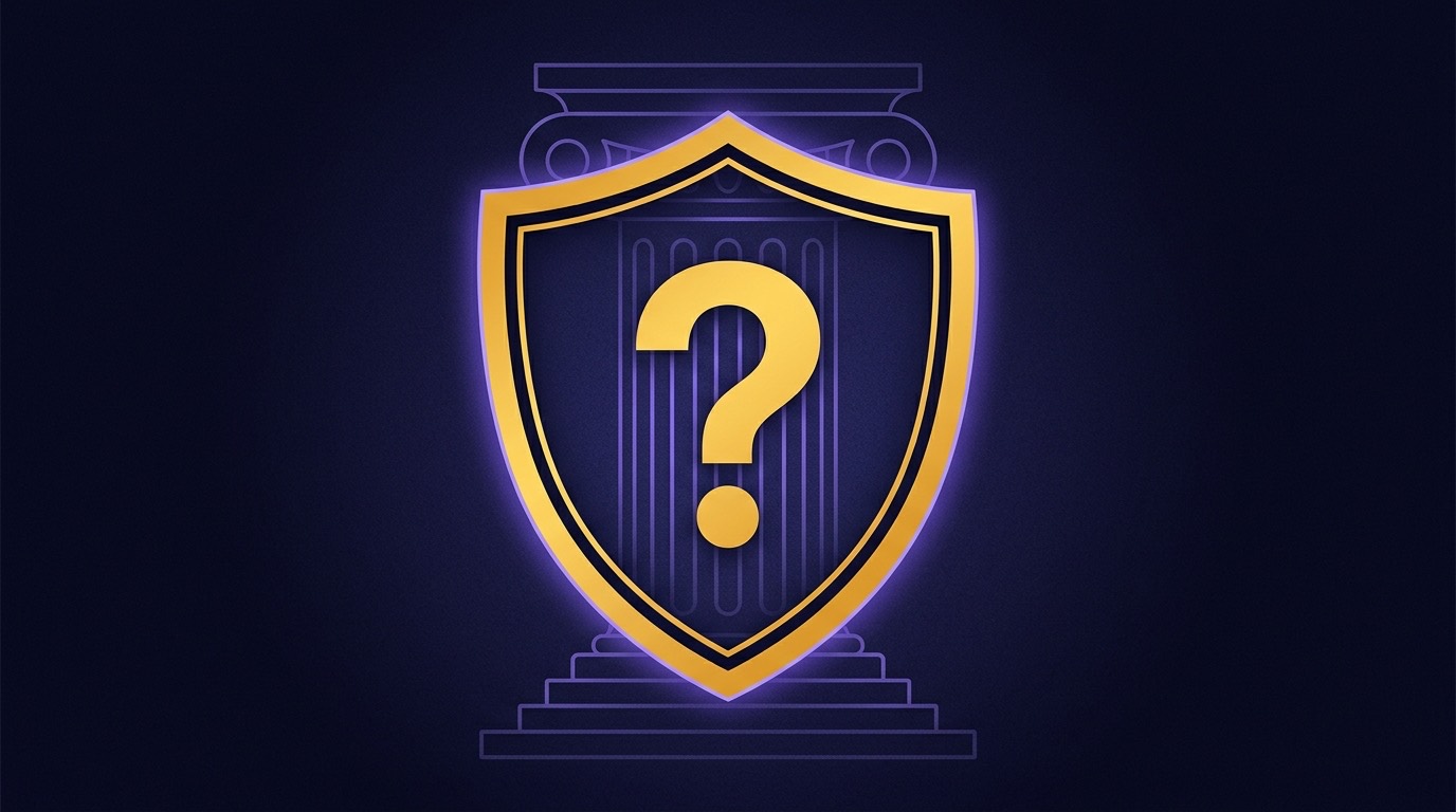 Illustration of a shield with a question mark over a courthouse silhouette