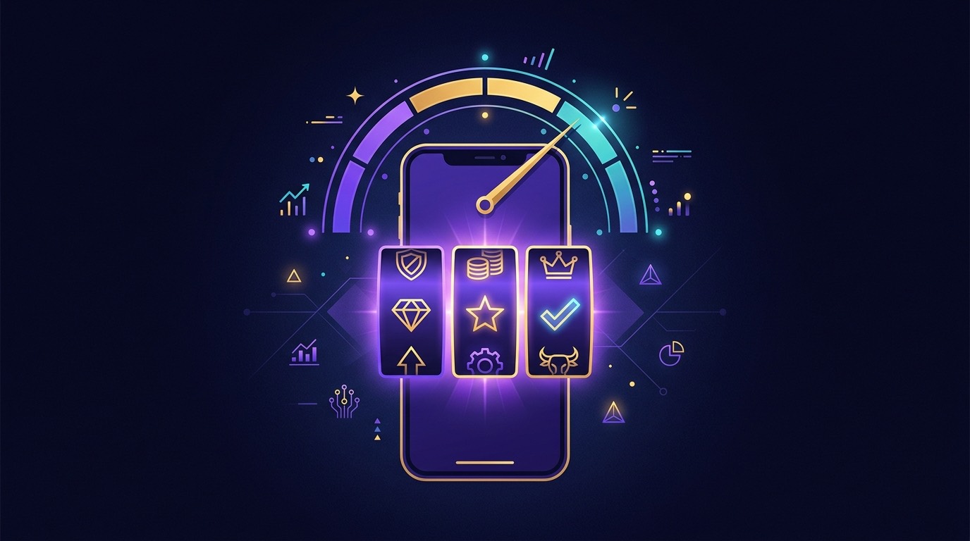 Illustration of a phone with casino reels and a performance gauge