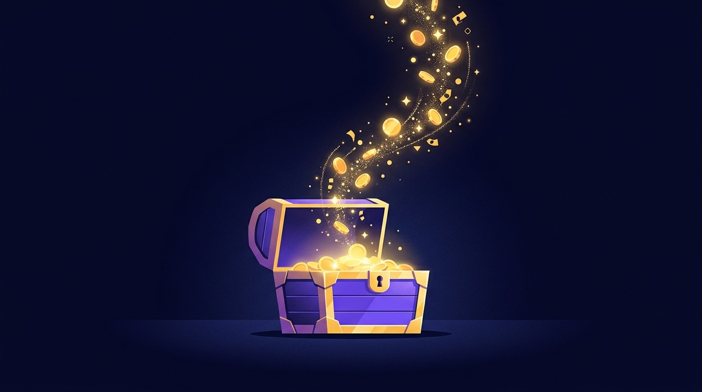 Illustration of free sweepstakes coins falling into an open treasure chest