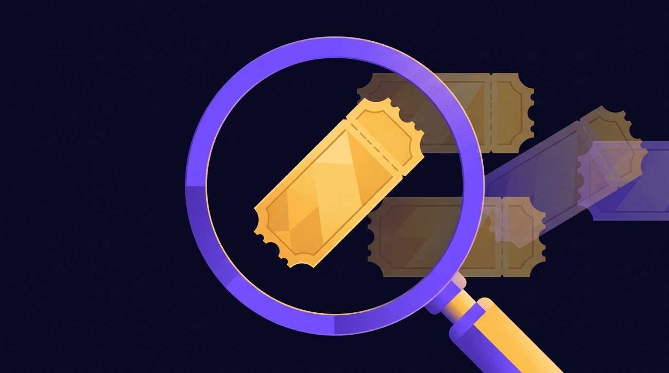 Illustration of a golden promo code ticket with a magnifying glass