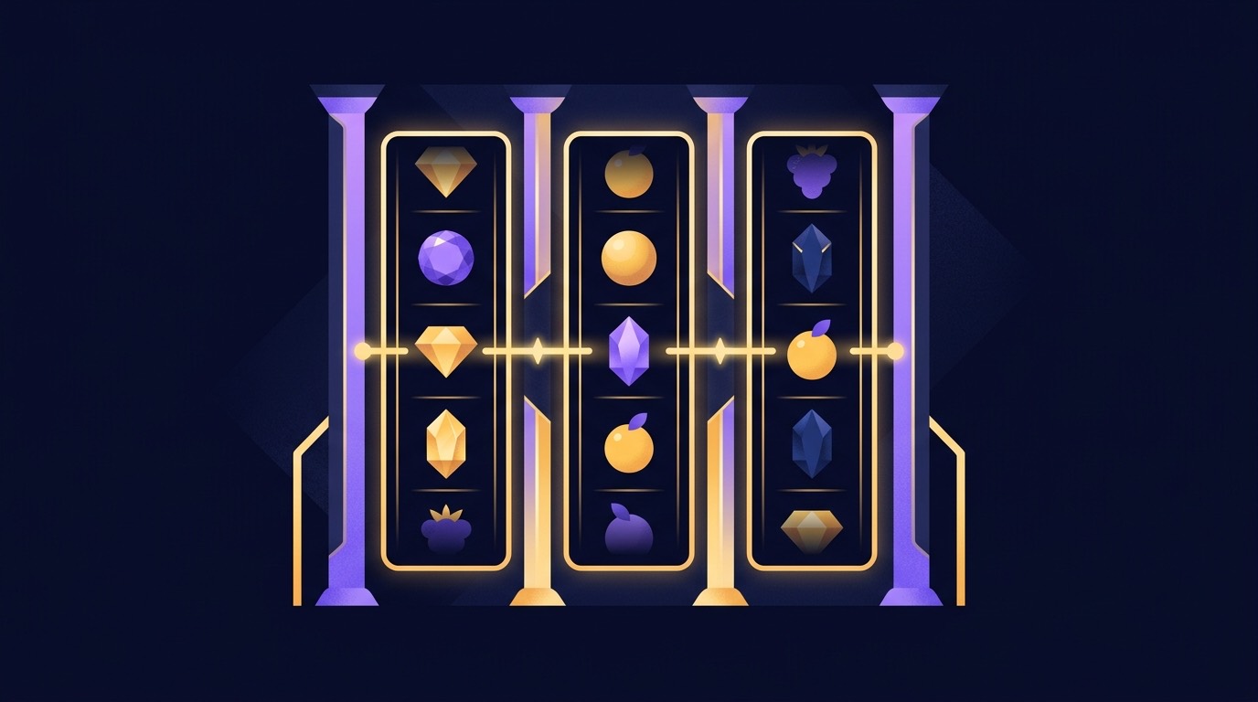 Illustration of glowing slot reels with fruit and gem symbols