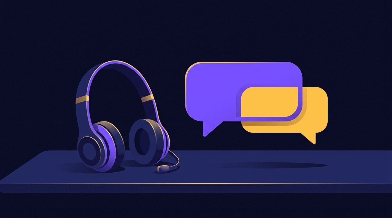 Illustration of a headset and message bubbles beside a help desk